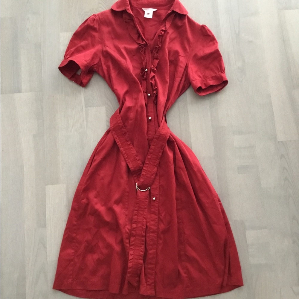 Pink Tartan Cherry Red Retro Midi Button-Up Dress w Subtle Ruffle Detail